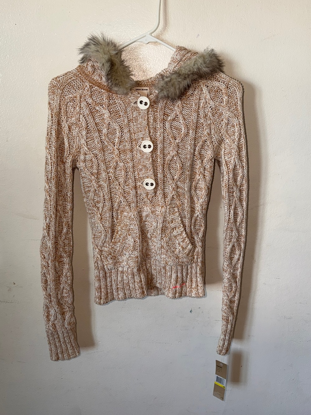 NWT Junior DKNY Cable Knit Hooded Sweater with Faux Fur Trim - Beige